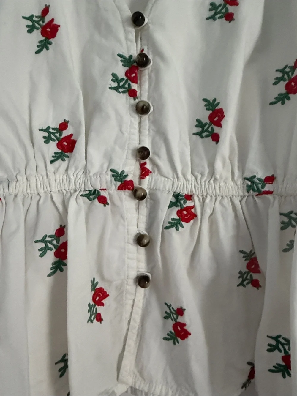 Anthropologie White Button-Front Peplum Top with Red Floral Embroidery